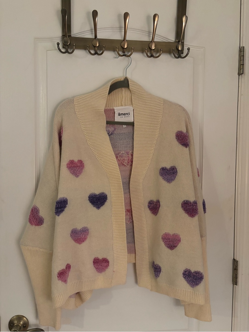 Cream Heart-Print Open Cardigan Sweater